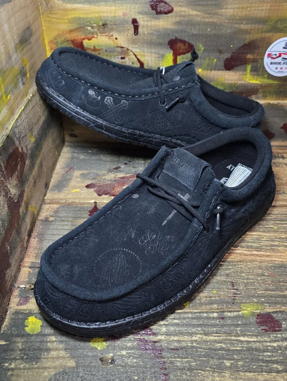 Hey Dude Wally Jelly Roll Men's Size 9 Black Suede Tattoo Loafers 44964-060 NEW